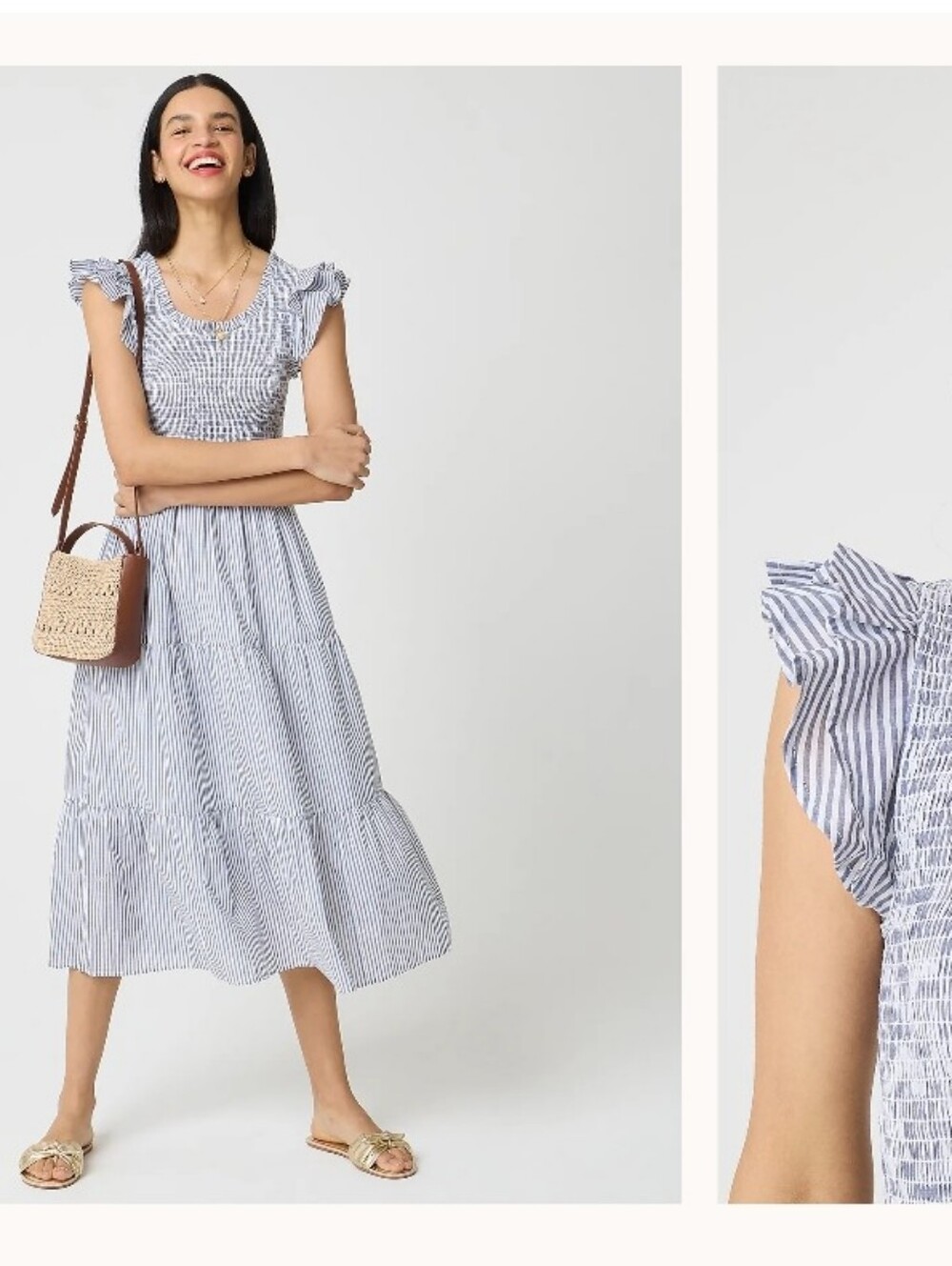J CREW Striped smocked flutter-sleeve midi dress Color Navy blue white S L Large